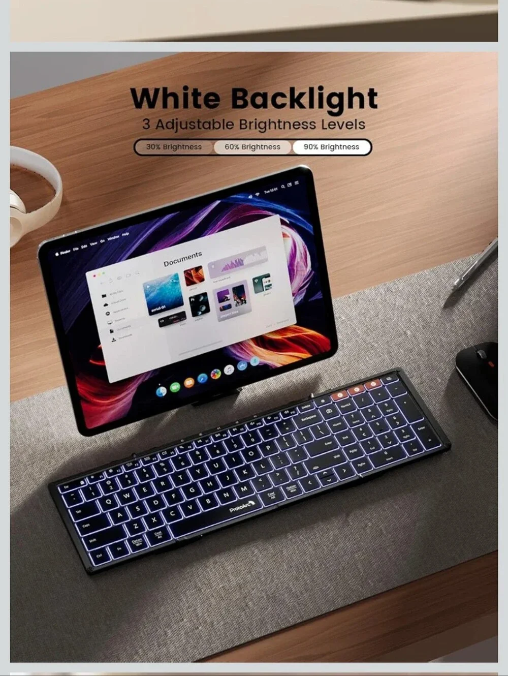 Backlit Tri-Fold Keyboard, Full-Size, Black, Number Pad